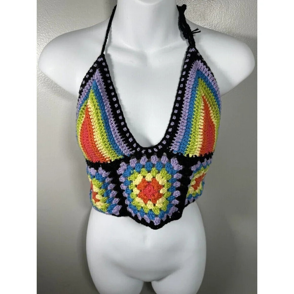 Crochet Halter Top Women's Colorful Size Medium Back Tie V-Neck Bralette - Picture 1 of 5